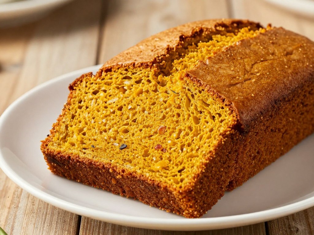 slice of moist gluten free pumpkin bread on white plate