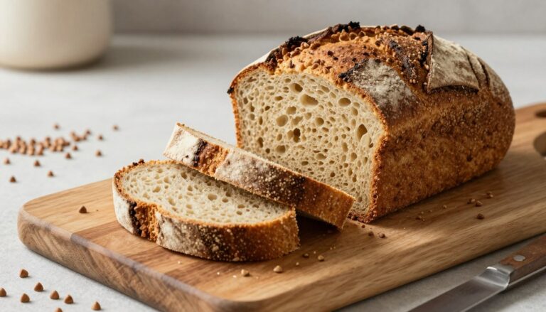 Freshly baked gluten free buckwheat bread on a wooden cutting board