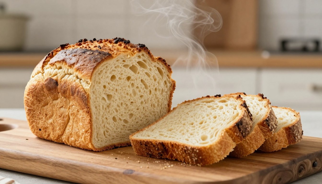 freshly baked gluten free bread without yeast on wooden cutting board